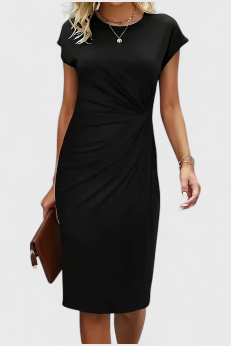 Vestido Midi Atemporal Katrina con Cuello Redondo y Detalle Drapado