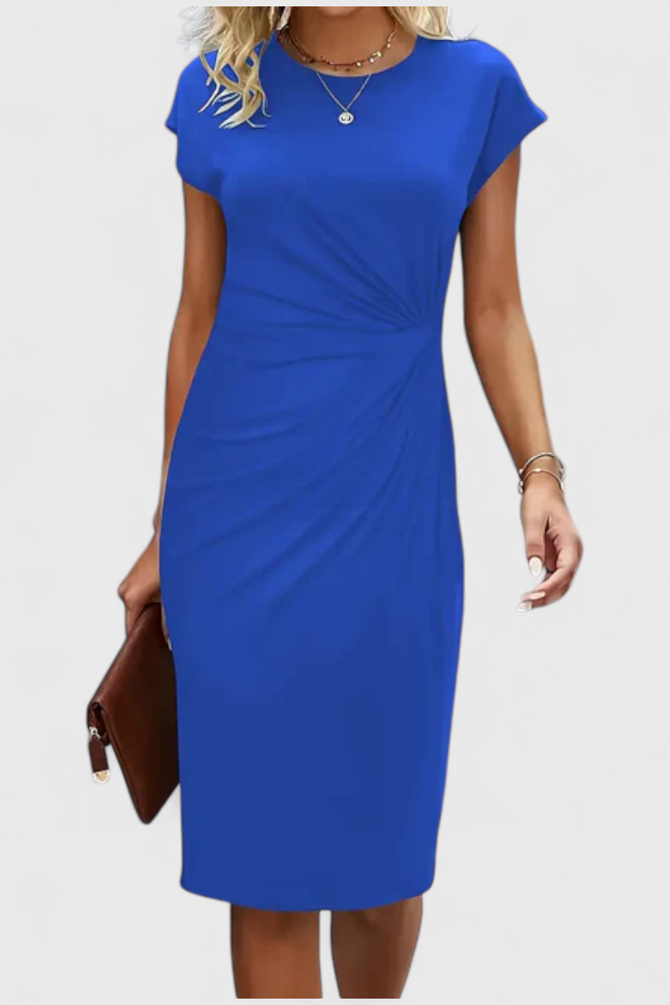 Vestido Midi Atemporal Katrina con Cuello Redondo y Detalle Drapado