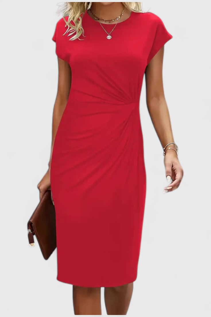 Vestido Midi Atemporal Katrina con Cuello Redondo y Detalle Drapado