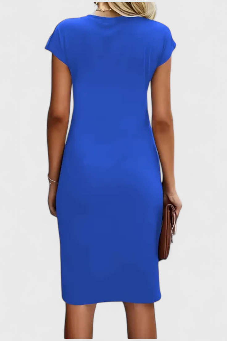 Vestido Midi Atemporal Katrina con Cuello Redondo y Detalle Drapado
