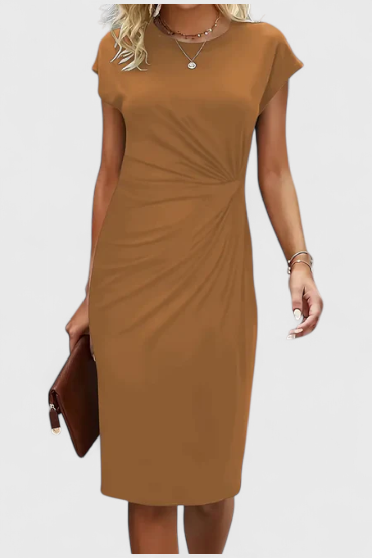 Vestido Midi Atemporal Katrina con Cuello Redondo y Detalle Drapado