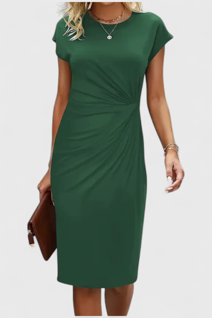 Vestido Midi Atemporal Katrina con Cuello Redondo y Detalle Drapado