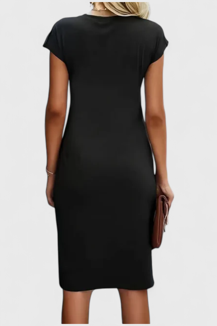 Vestido Midi Atemporal Katrina con Cuello Redondo y Detalle Drapado