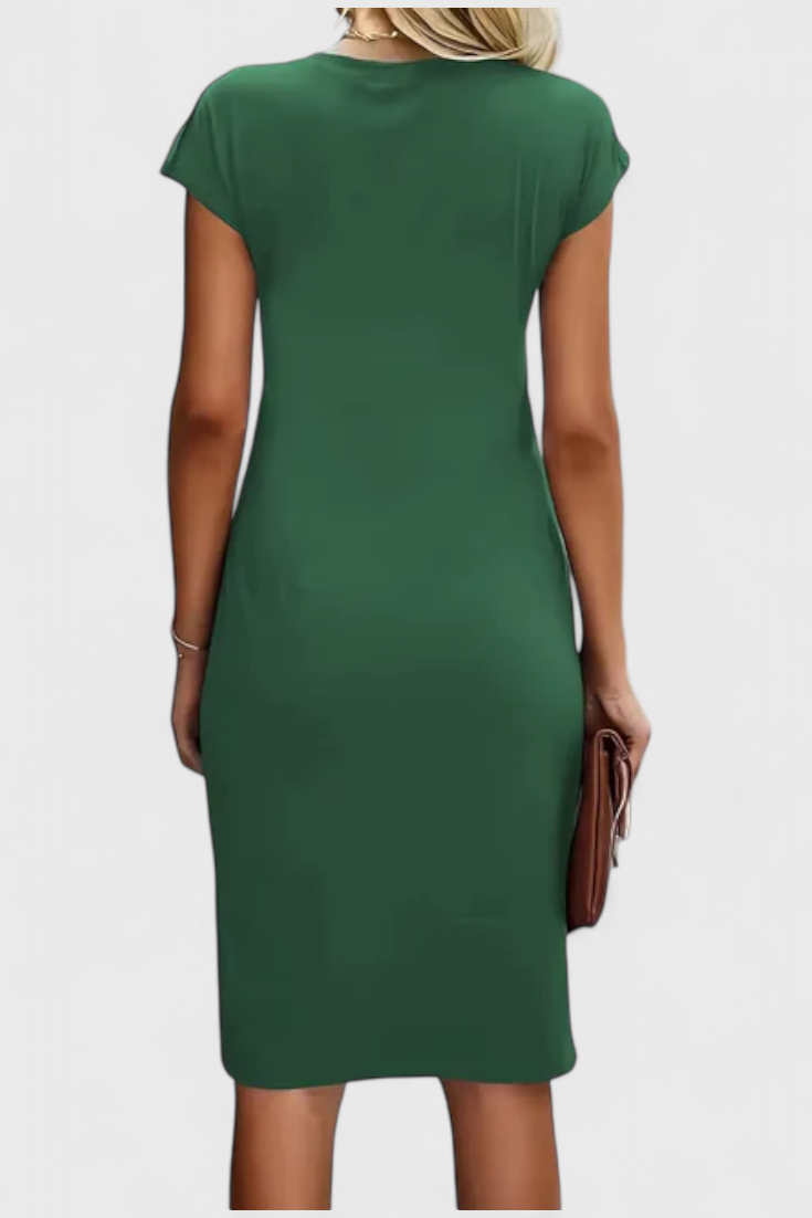 Vestido Midi Atemporal Katrina con Cuello Redondo y Detalle Drapado