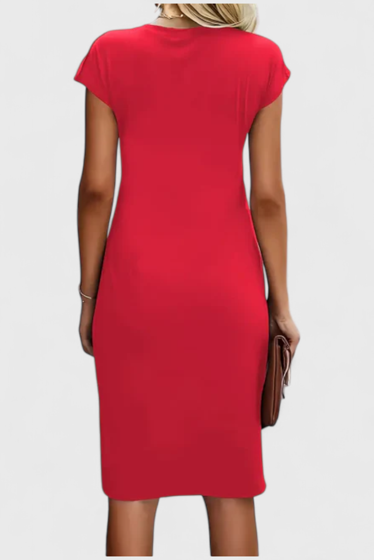 Vestido Midi Atemporal Katrina con Cuello Redondo y Detalle Drapado