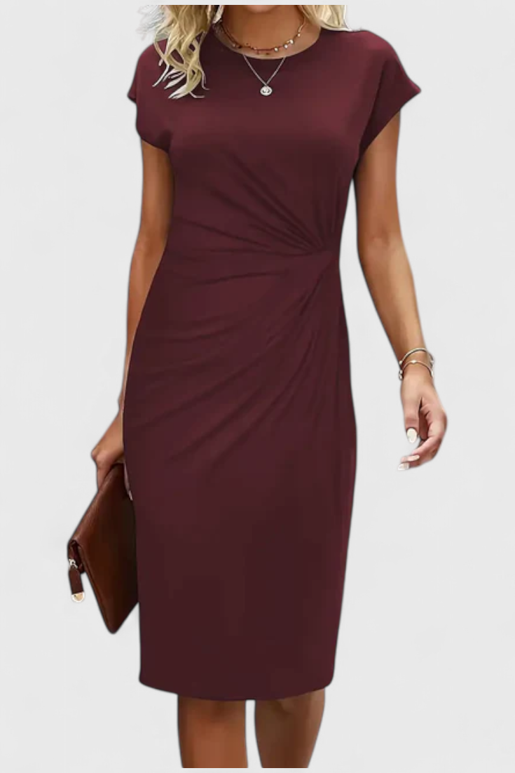 Vestido Midi Atemporal Katrina con Cuello Redondo y Detalle Drapado