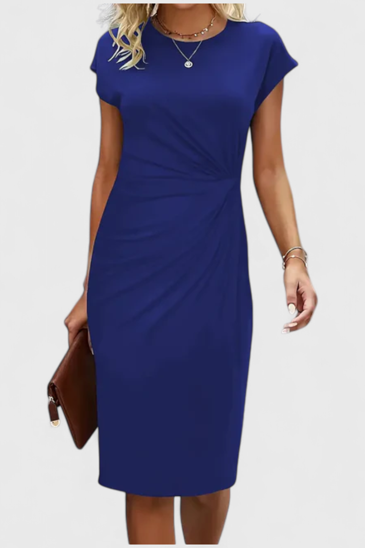 Vestido Midi Atemporal Katrina con Cuello Redondo y Detalle Drapado