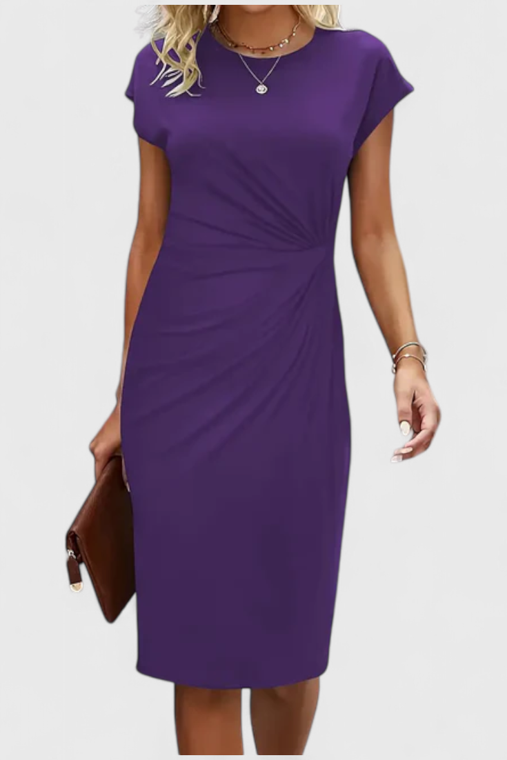 Vestido Midi Atemporal Katrina con Cuello Redondo y Detalle Drapado
