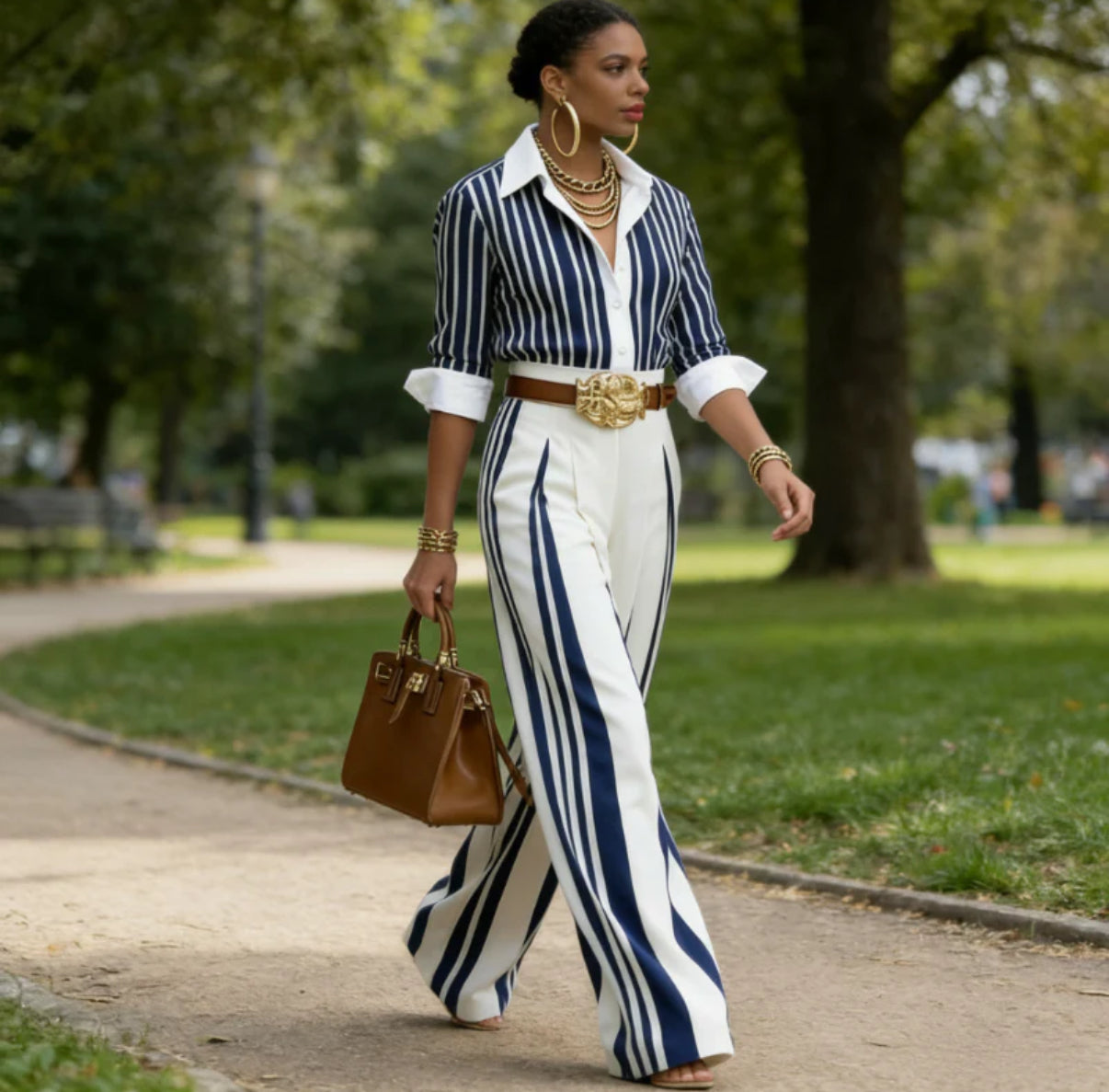 Conjunto De Mujer a Rayas Con Camisa Y Pantalón Ancho