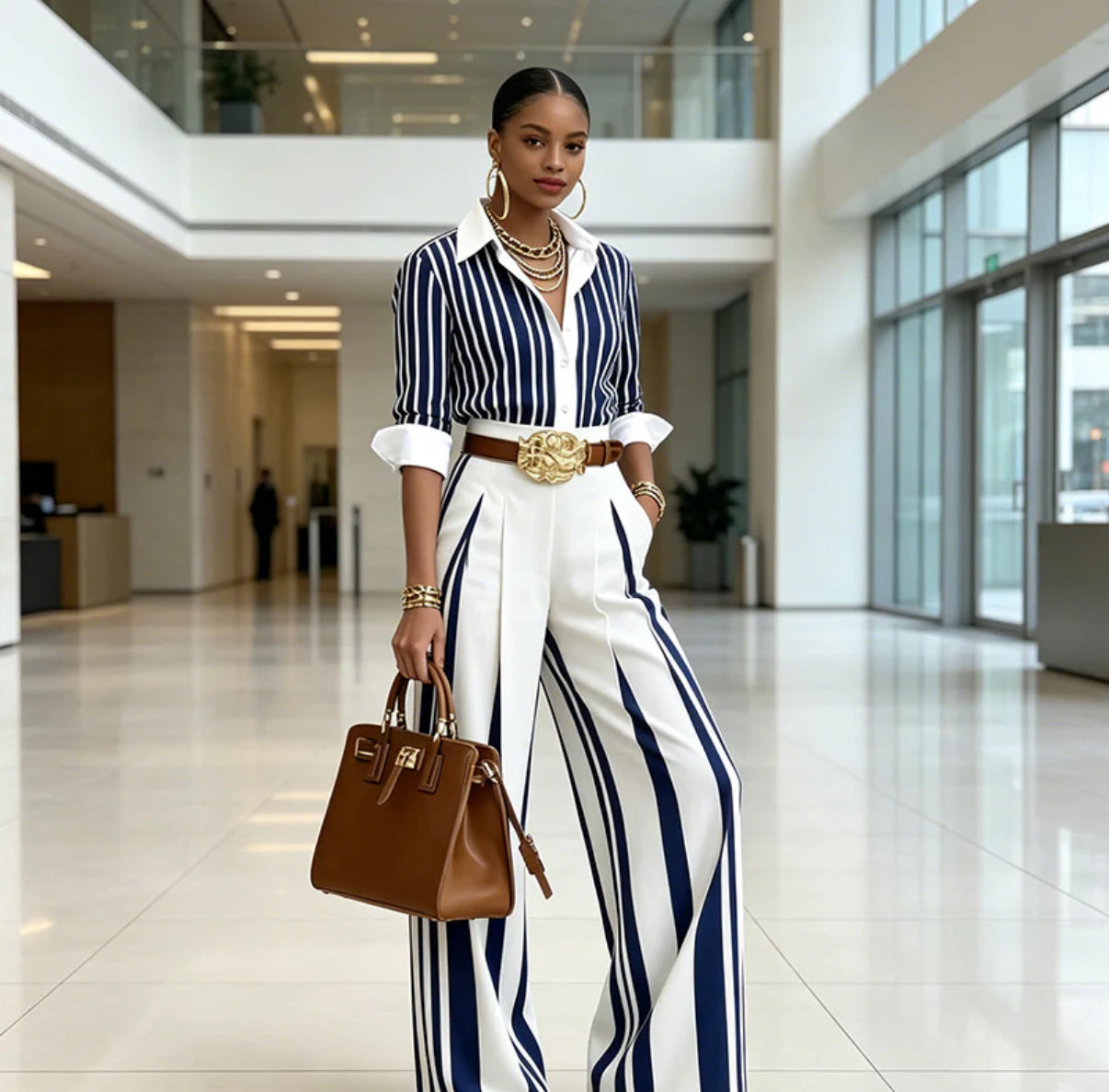 Conjunto De Mujer a Rayas Con Camisa Y Pantalón Ancho