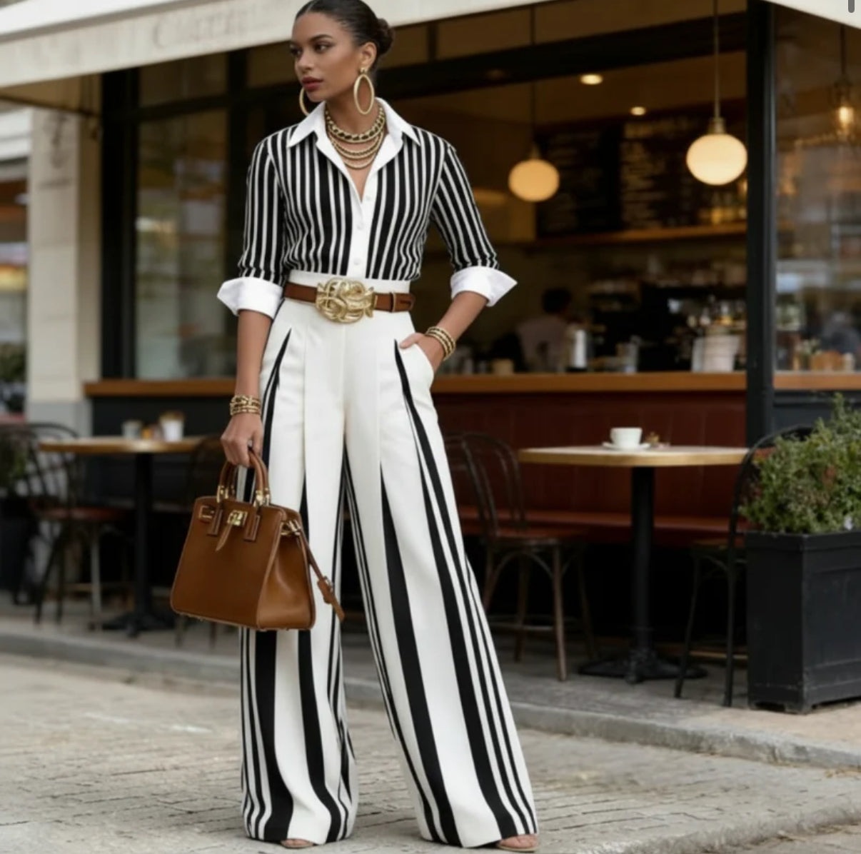 Conjunto De Mujer a Rayas Con Camisa Y Pantalón Ancho