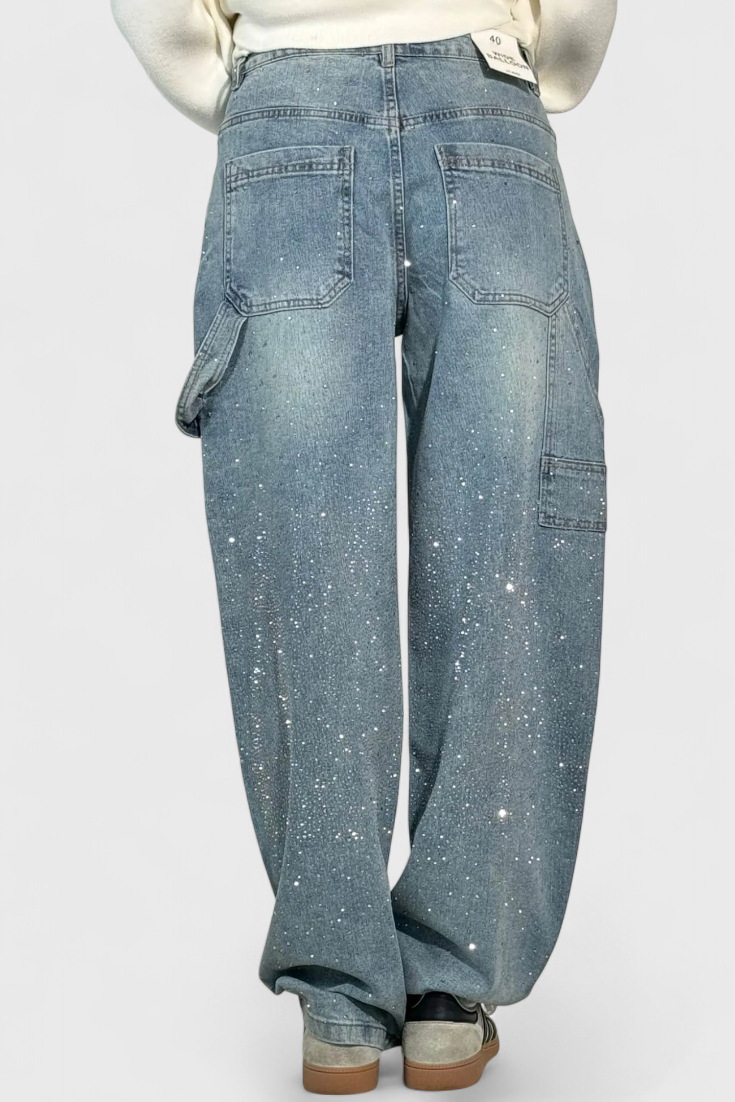 Jeans Cargo Dariya con Brillo y Aplicaciones de Piedras Preciosas