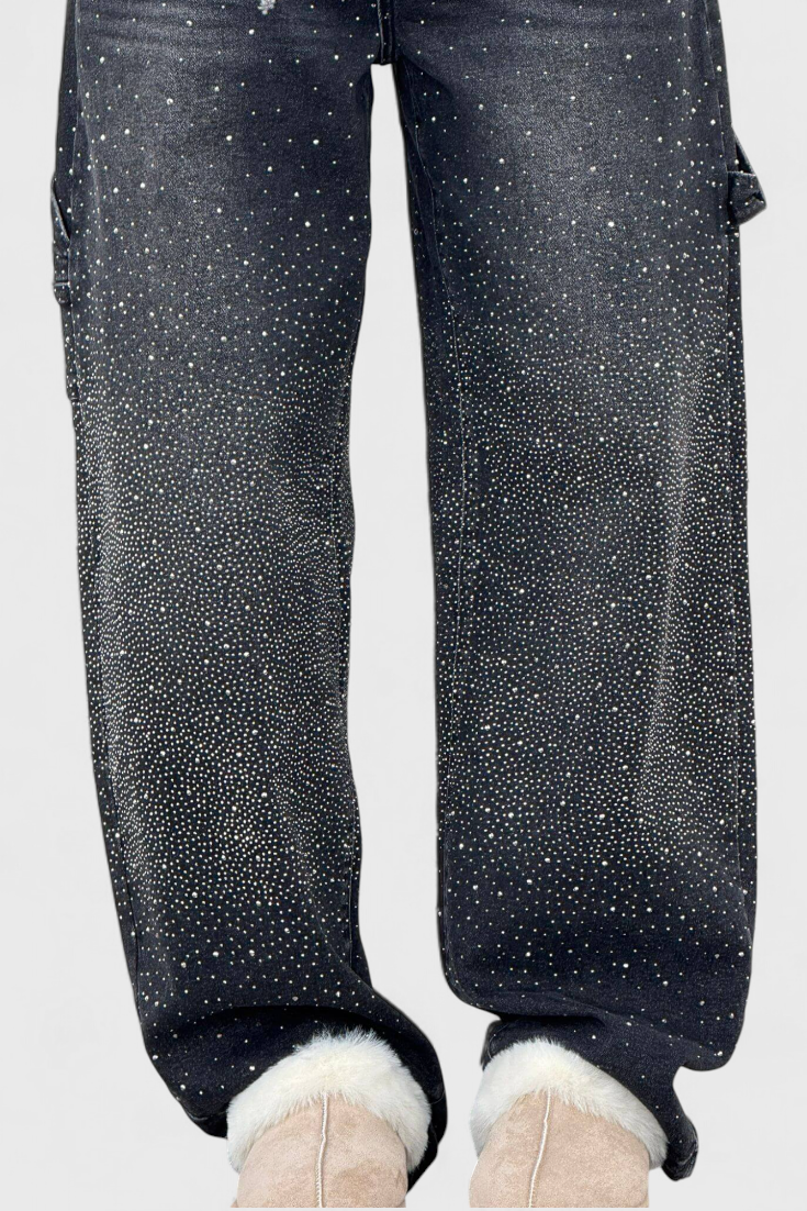 Jeans Cargo Dariya con Brillo y Aplicaciones de Piedras Preciosas