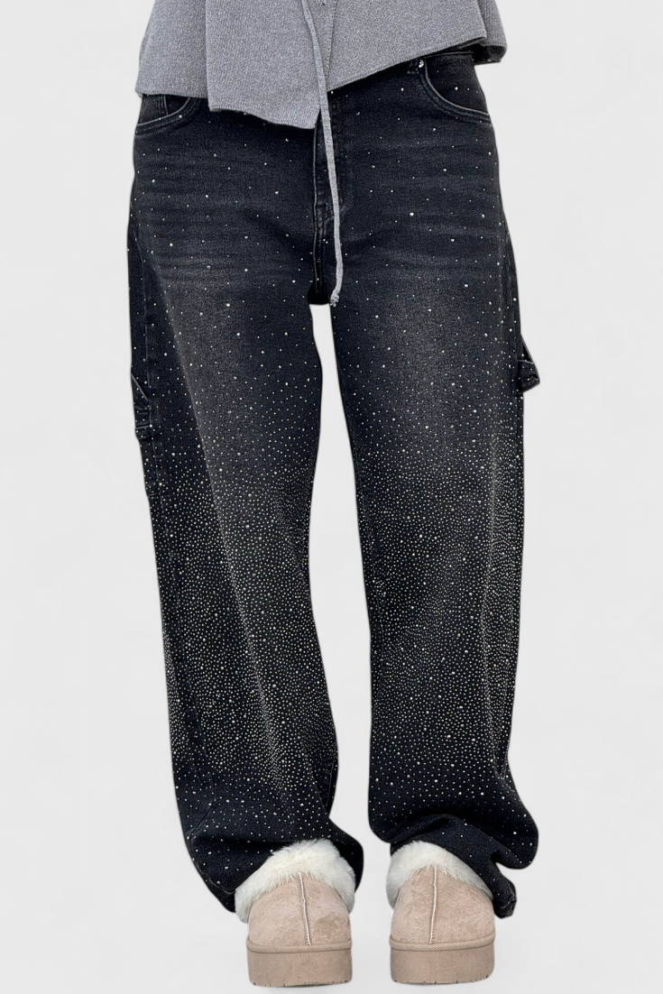 Jeans Cargo Dariya con Brillo y Aplicaciones de Piedras Preciosas