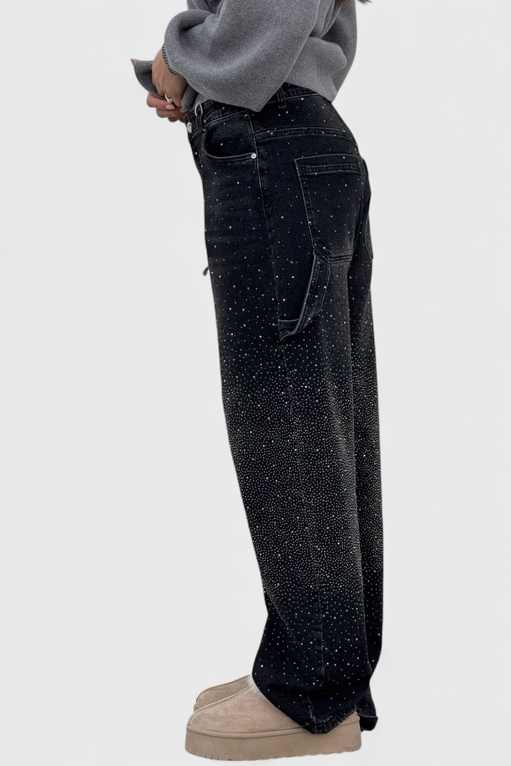 Jeans Cargo Dariya con Brillo y Aplicaciones de Piedras Preciosas