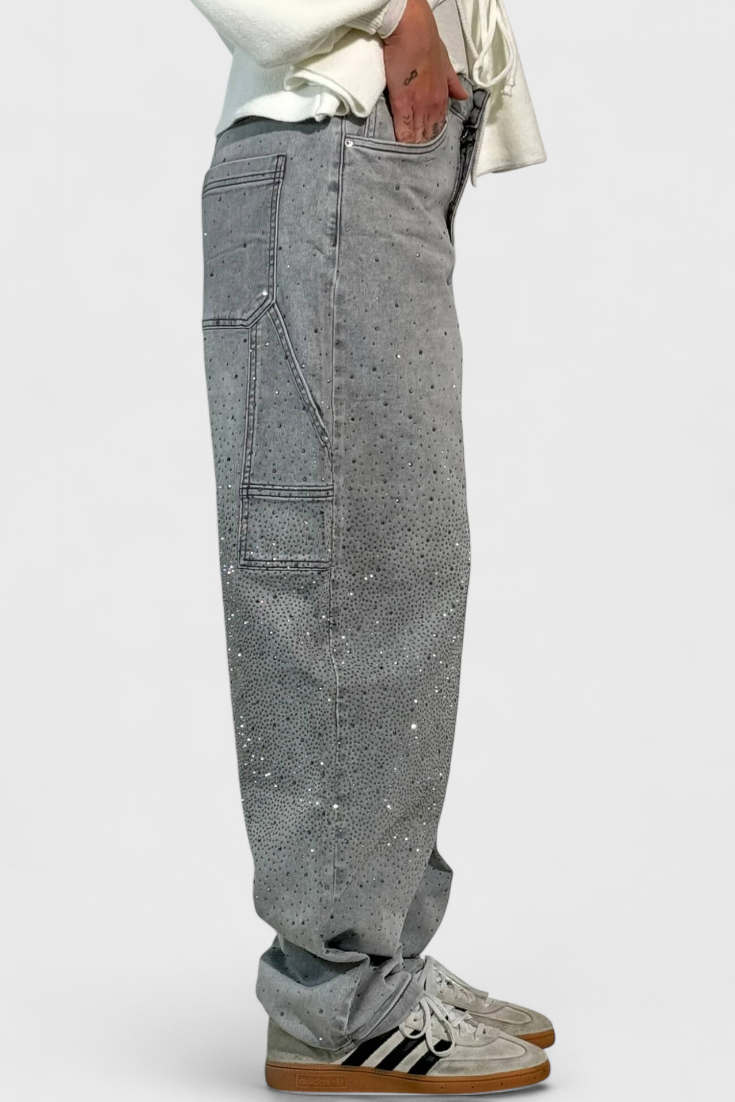 Jeans Cargo Dariya con Brillo y Aplicaciones de Piedras Preciosas