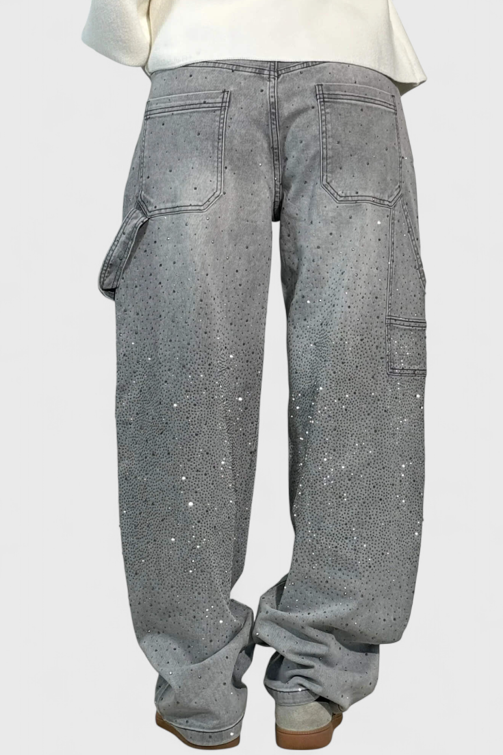 Jeans Cargo Dariya con Brillo y Aplicaciones de Piedras Preciosas