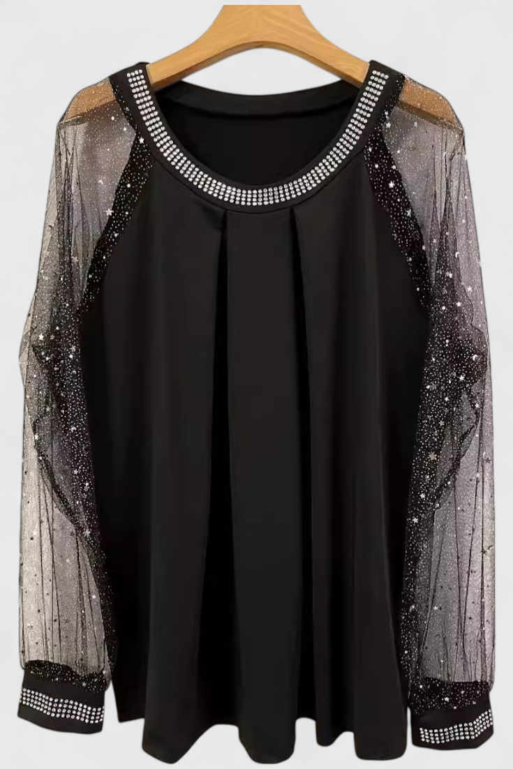 Blusa Floral Elegante con Mangas de Tul y Acentos de Strass