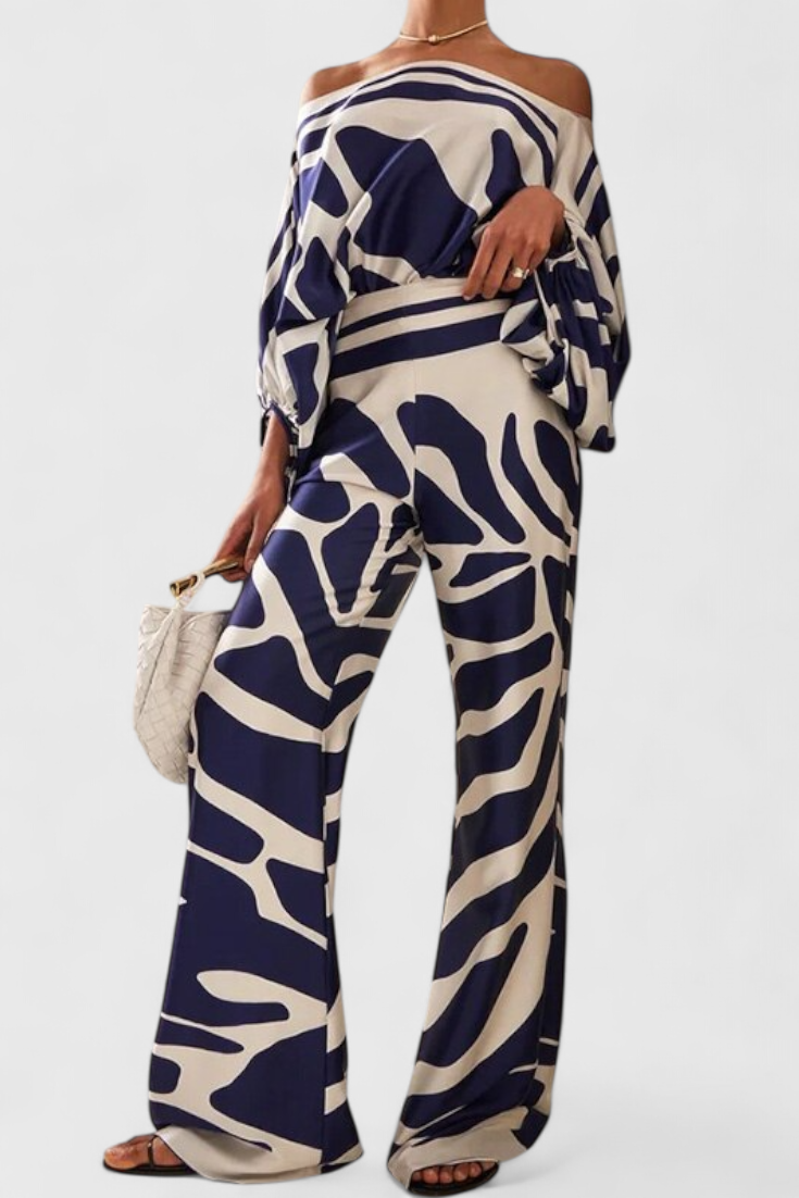 Conjunto de Dos Piezas Sybella con Top Off-the-Shoulder y Pantalones Anchos Estampados