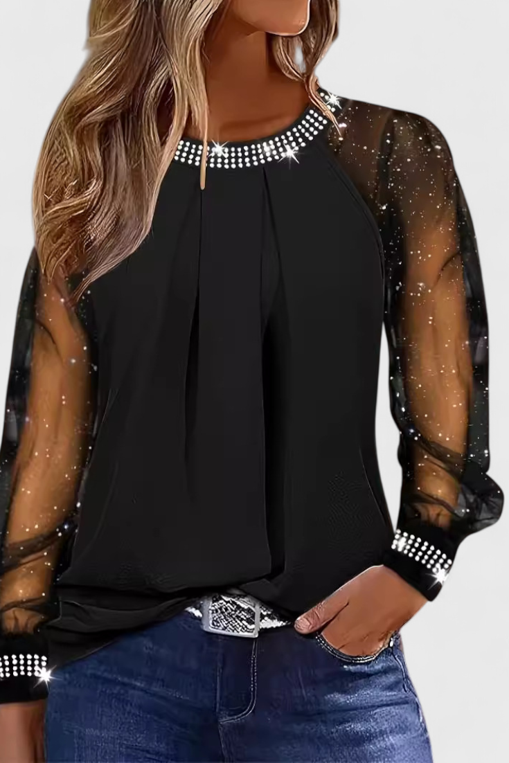 Blusa Floral Elegante con Mangas de Tul y Acentos de Strass