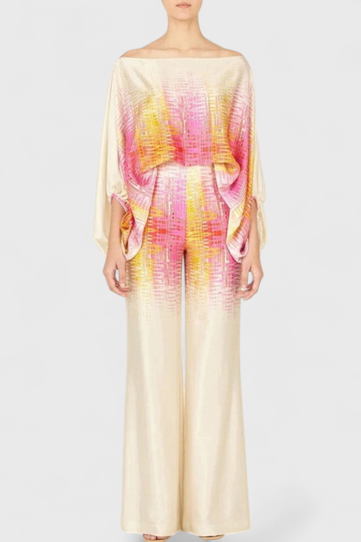 Conjunto de Dos Piezas Sybella con Top Off-the-Shoulder y Pantalones Anchos Estampados