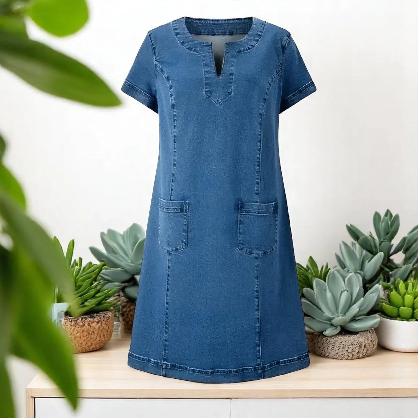 Barbara | Vestido vaquero con cuello en V y bolsillos grandes