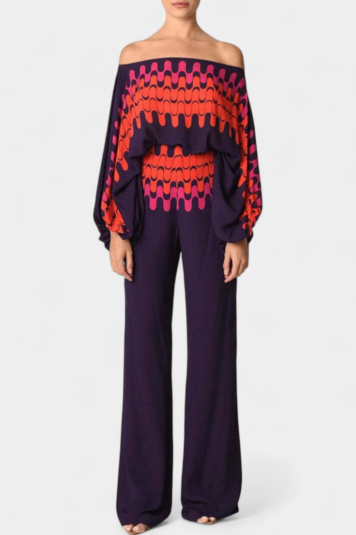 Conjunto de Dos Piezas Sybella con Top Off-the-Shoulder y Pantalones Anchos Estampados