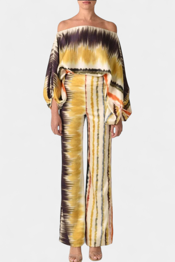 Conjunto de Dos Piezas Sybella con Top Off-the-Shoulder y Pantalones Anchos Estampados