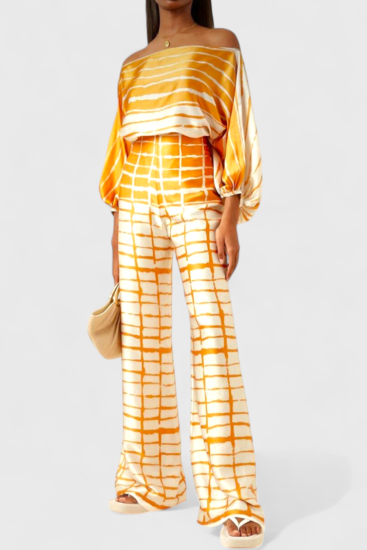 Conjunto de Dos Piezas Sybella con Top Off-the-Shoulder y Pantalones Anchos Estampados