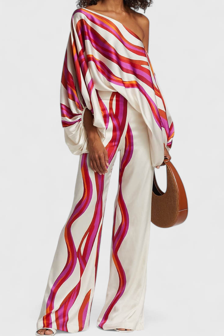 Conjunto de Dos Piezas Sybella con Top Off-the-Shoulder y Pantalones Anchos Estampados