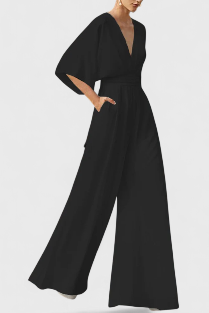 Mono Largo Elegante con Piernas Anchas y Escote en V