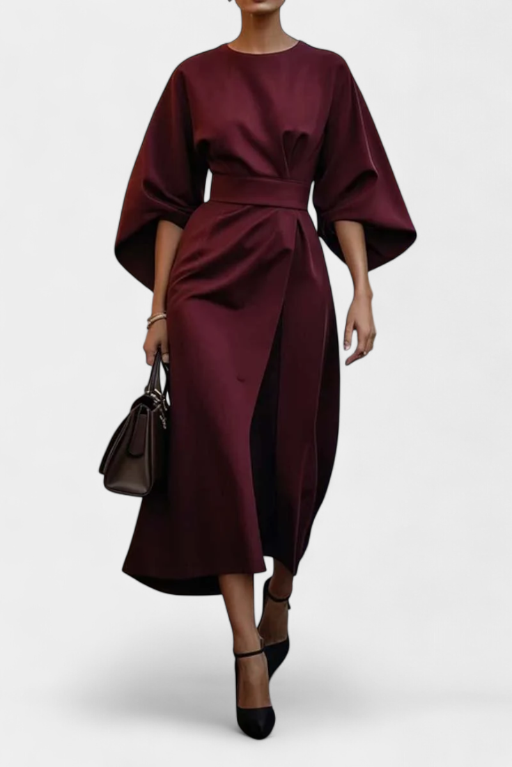 Vestido Midi Micaela con Mangas de Linterna y Cintura Ajustada