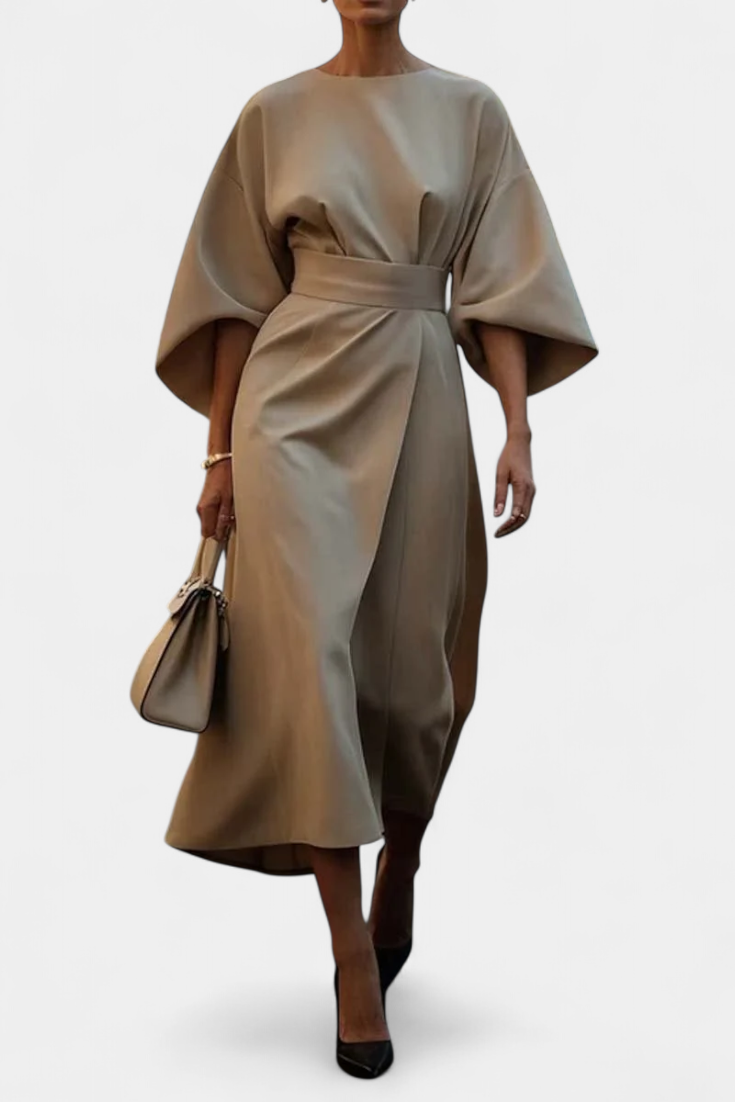 Vestido Midi Micaela con Mangas de Linterna y Cintura Ajustada