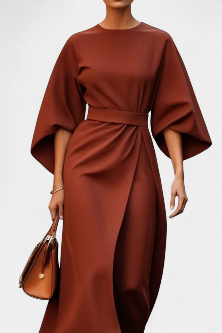 Vestido Midi Micaela con Mangas de Linterna y Cintura Ajustada