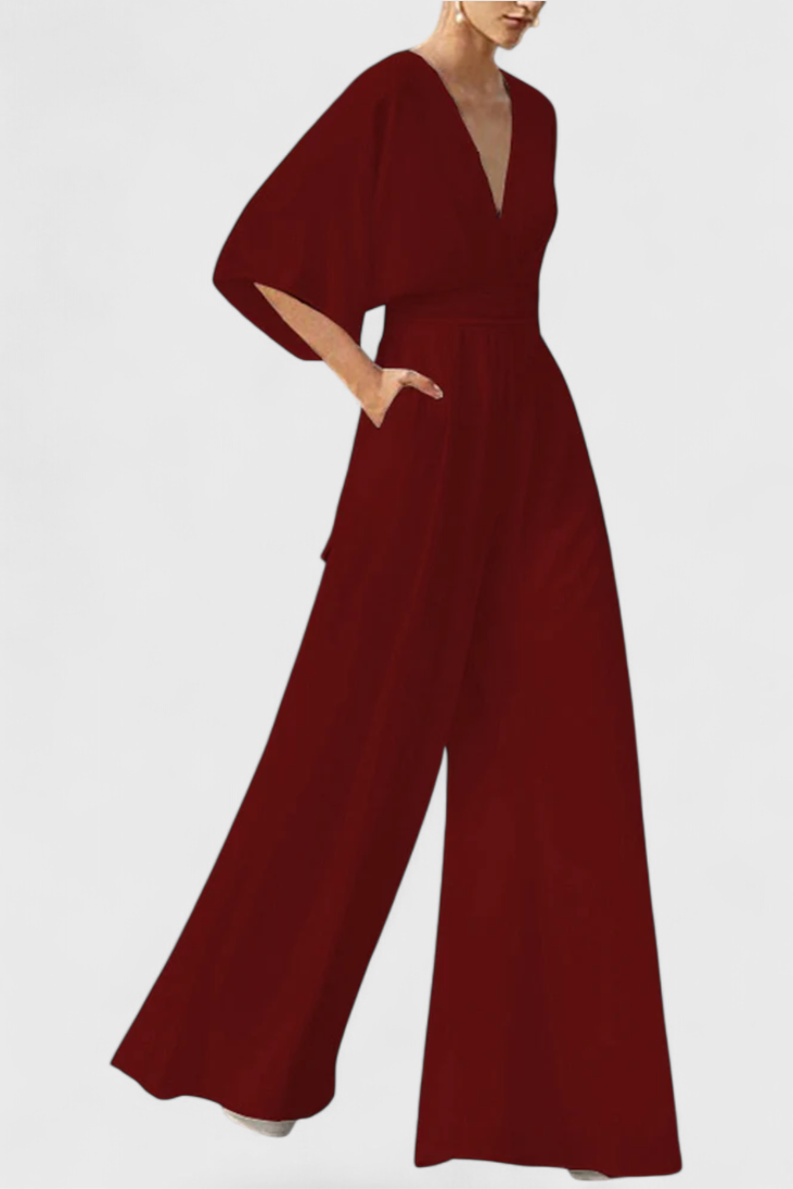 Mono Largo Elegante con Piernas Anchas y Escote en V