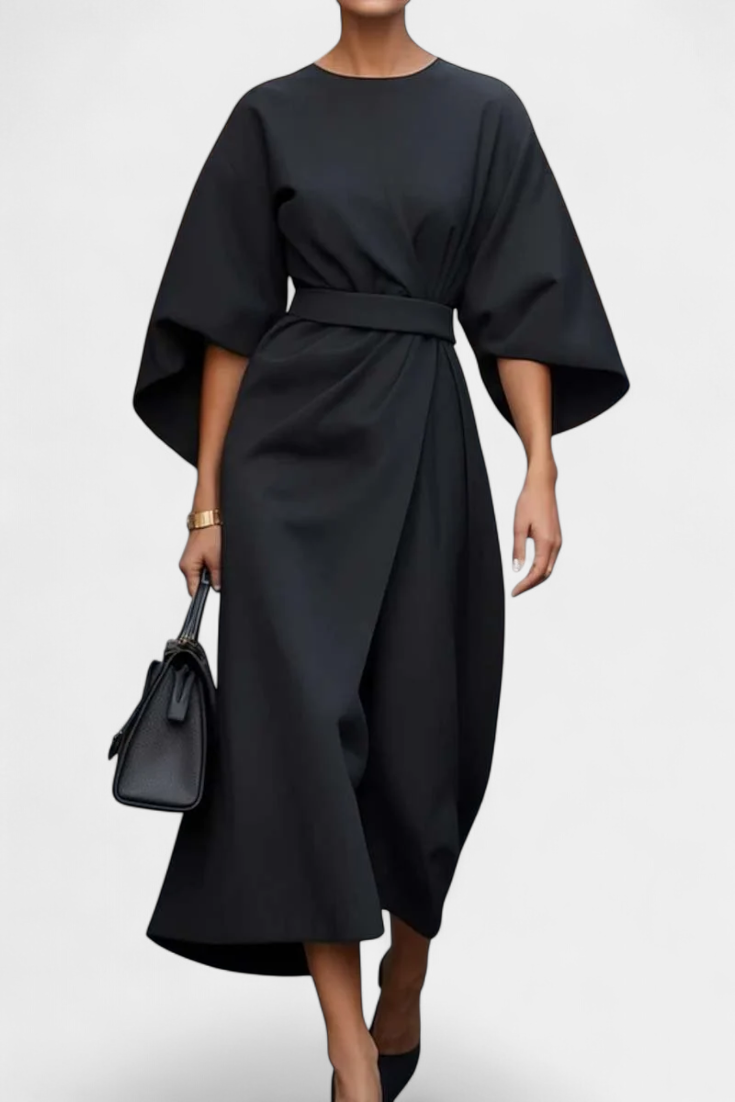Vestido Midi Micaela con Mangas de Linterna y Cintura Ajustada