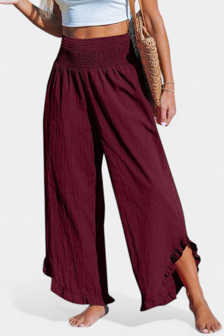 Pantalones Palazzo Justina con Volantes y Cintura Alta