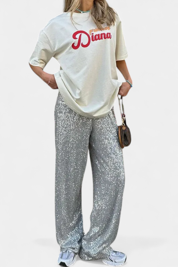 Pantalones de Lentejuelas de Cintura Alta Elva con Corte Relajado