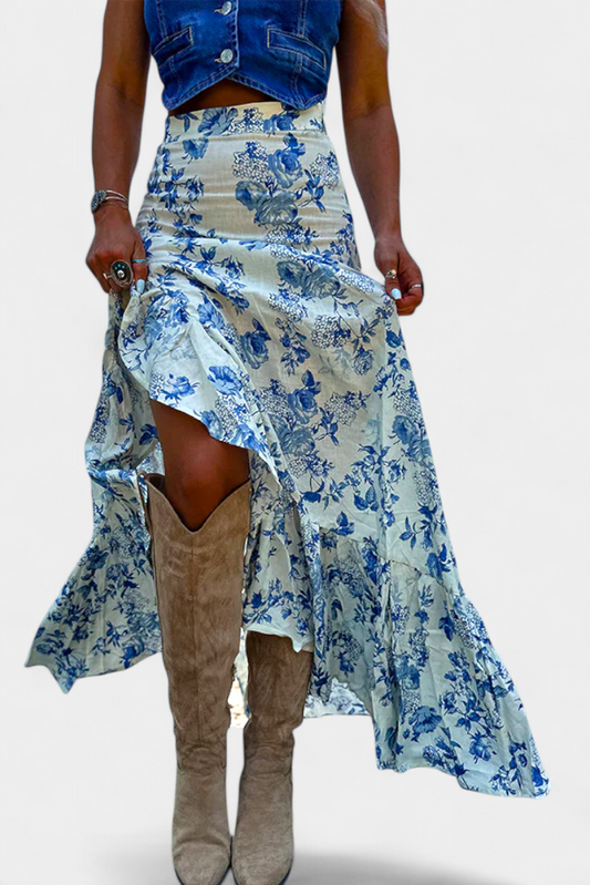 Falda Maxi Floral Kala con Abertura y Volantes