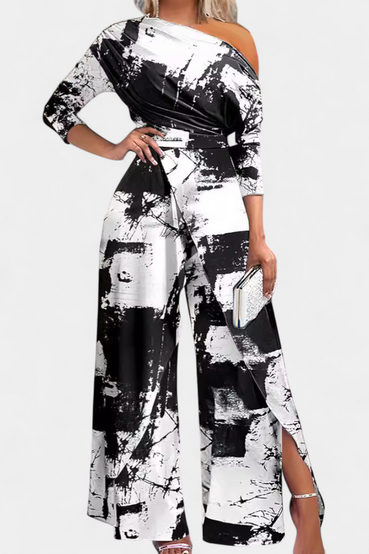 Mono Brina de Tie Dye Largo con Diseño Off-Shoulder y Pierna Ancha con Abertura