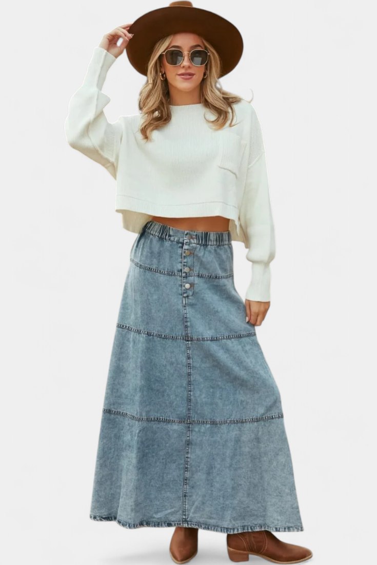 Falda Maxi de Denim Lorraine con Detalle de Plumas