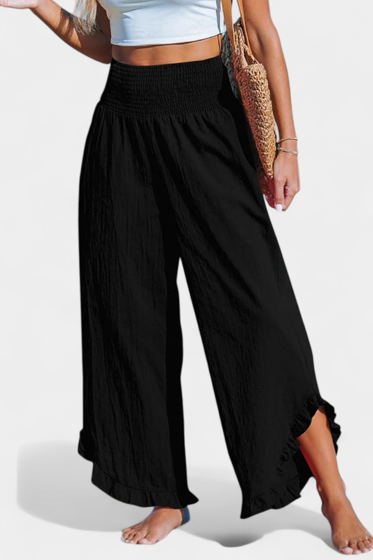 Pantalones Palazzo Justina con Volantes y Cintura Alta