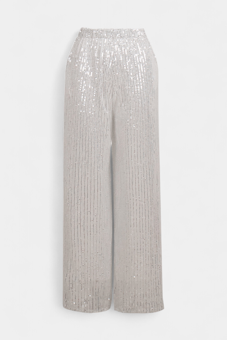 Pantalones de Lentejuelas de Cintura Alta Elva con Corte Relajado