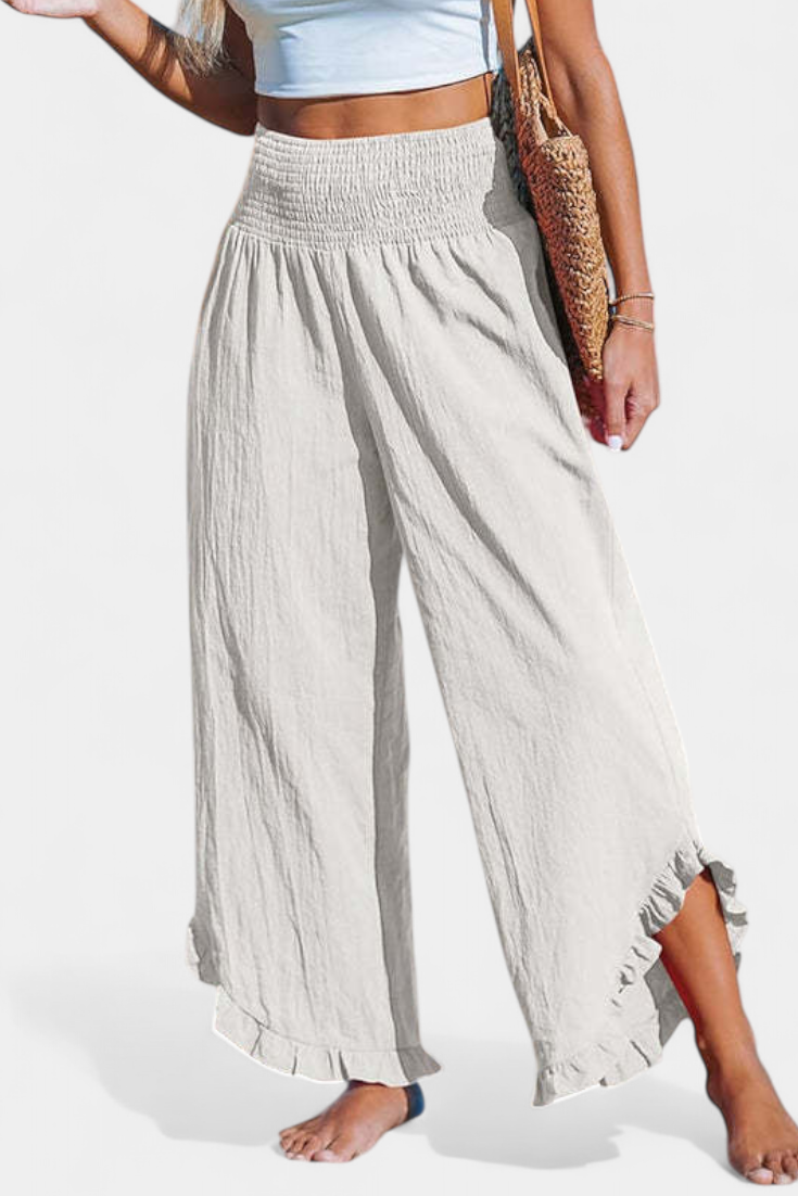 Pantalones Palazzo Justina con Volantes y Cintura Alta