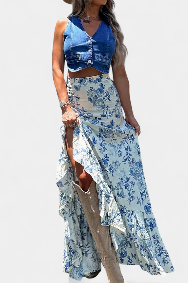 Falda Maxi Floral Kala con Abertura y Volantes