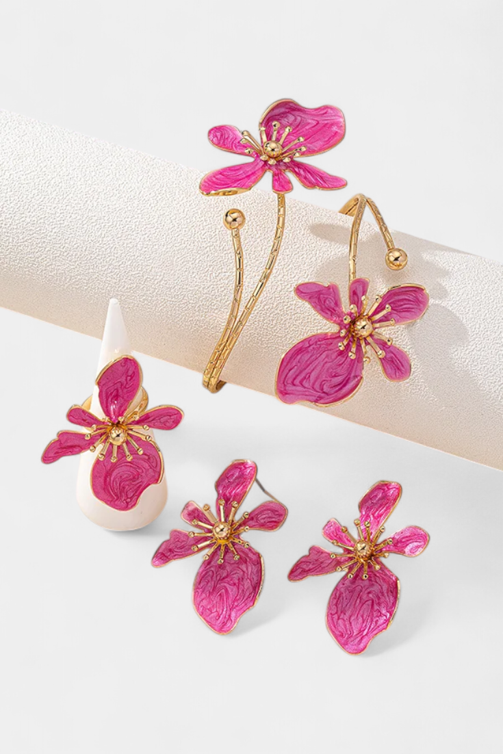 Conjunto de Accesorios Florales: Pulsera + Pendientes + Anillos