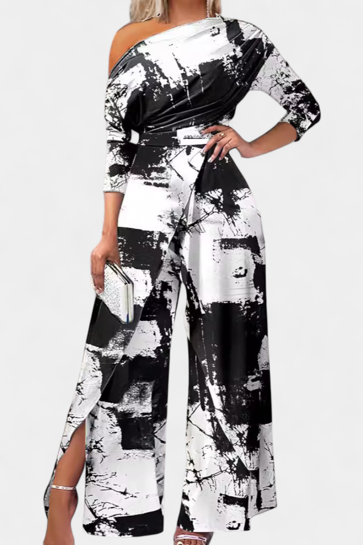 Mono Brina de Tie Dye Largo con Diseño Off-Shoulder y Pierna Ancha con Abertura
