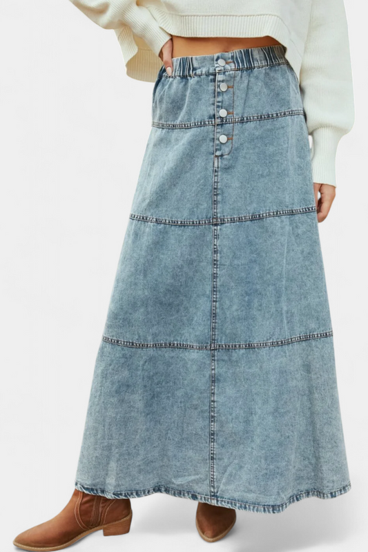 Falda Maxi de Denim Lorraine con Detalle de Plumas