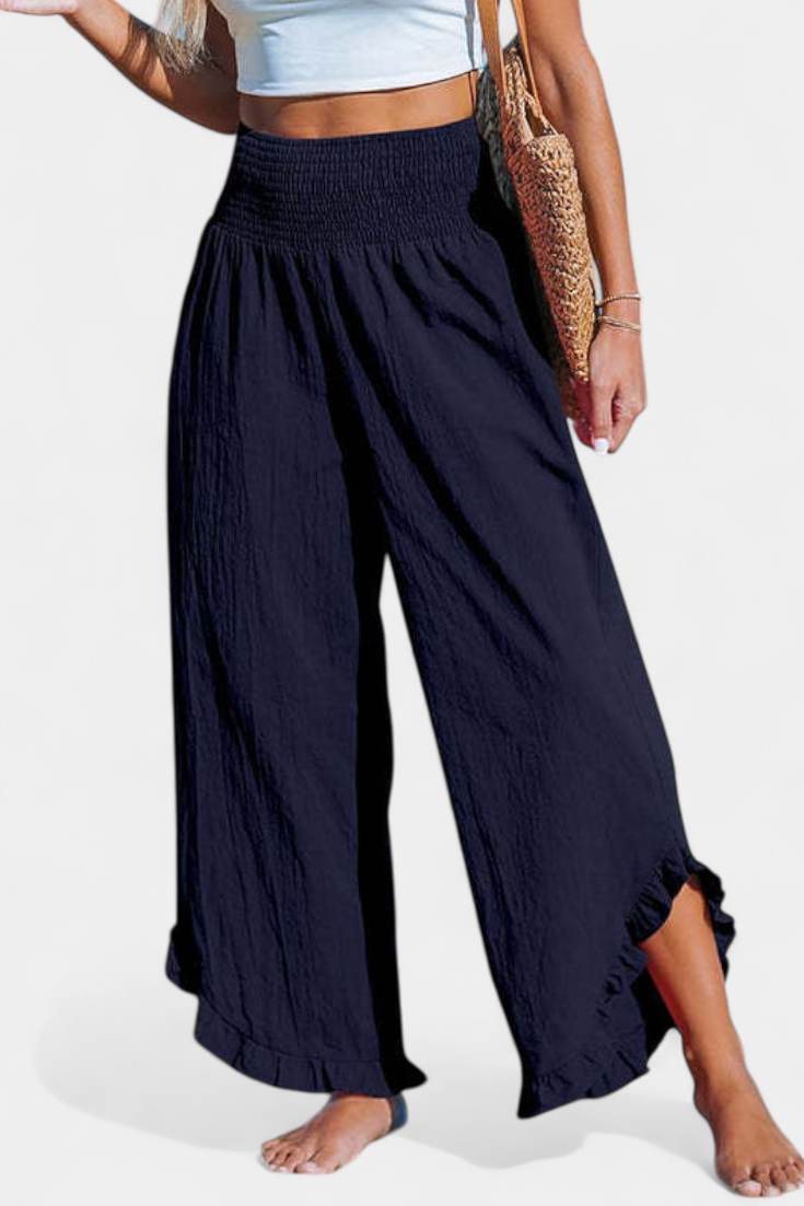 Pantalones Palazzo Justina con Volantes y Cintura Alta