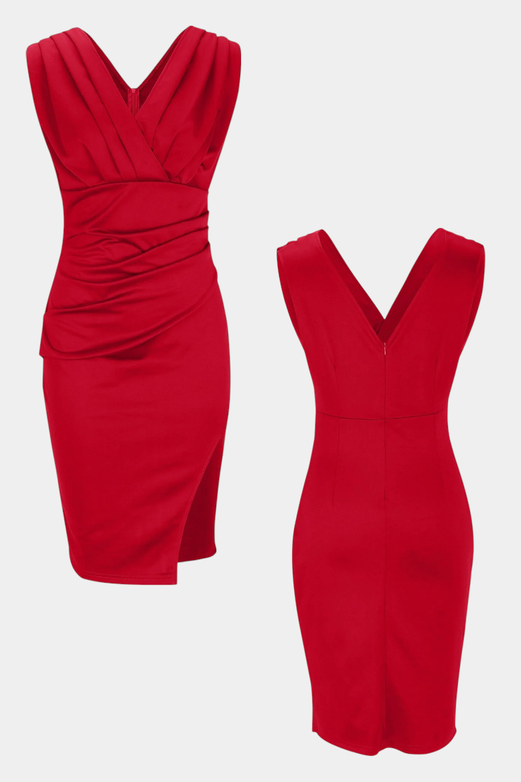 Vestido Elegante Ajustado Rosanna con Escote en V y Abertura Lateral